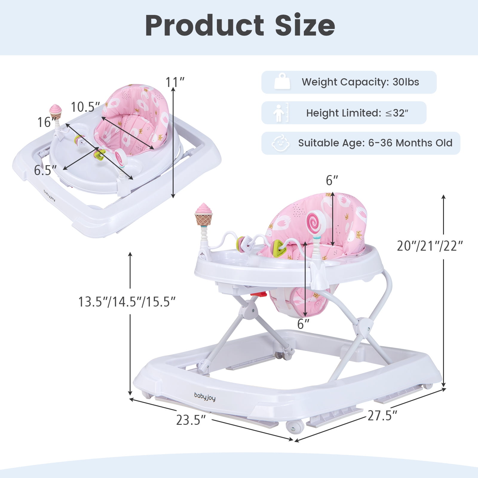 Babyjoy Foldable Baby Activity Walker with  Adjustable Height& Detachable Seat Cushion Pink