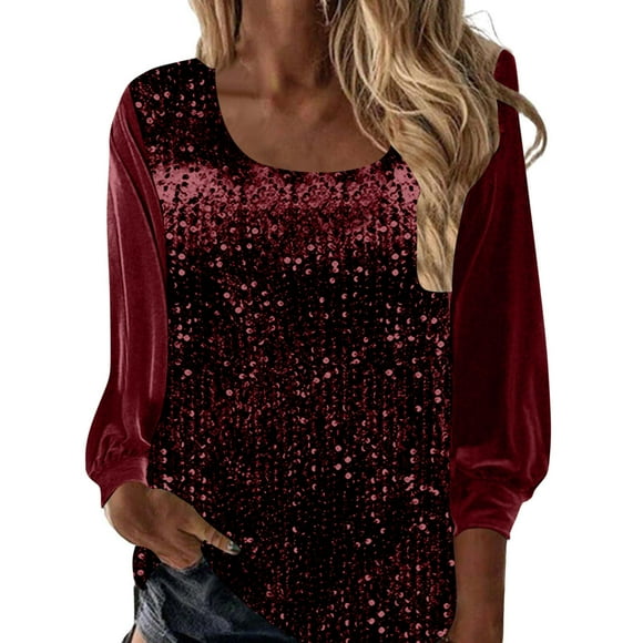 HongQid Sequin Tops for Women, Crew-Neck Long Sleeve Blouses for Evening Party, Dressy and Sparkly Bling Shirt