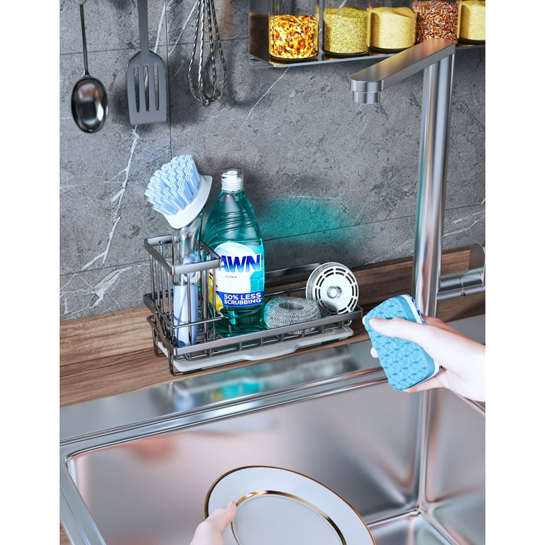 Sink Caddy, Consumest Kitchen Sponge Holder + Dish Brush Holder for Kitchen  Sink, Sink Organizer with Drip Tray for Countertop, Stainless Steel  Rustproof - Silver 