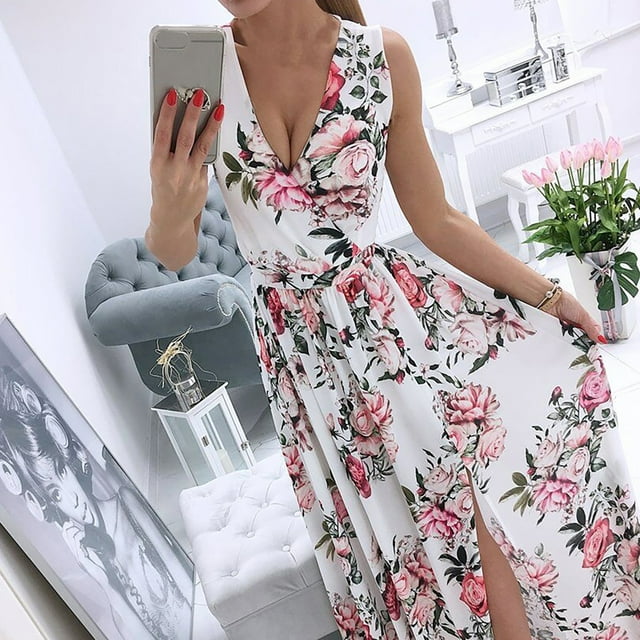 HKEJIAOI Robes de Cocktail Cadeau d'Anniversaire Mode Féminine Décontractée Angleterre Ample Sans Manches Imprimé Col en V Longueur au Sol Robe Soldes Liquidation Blanc