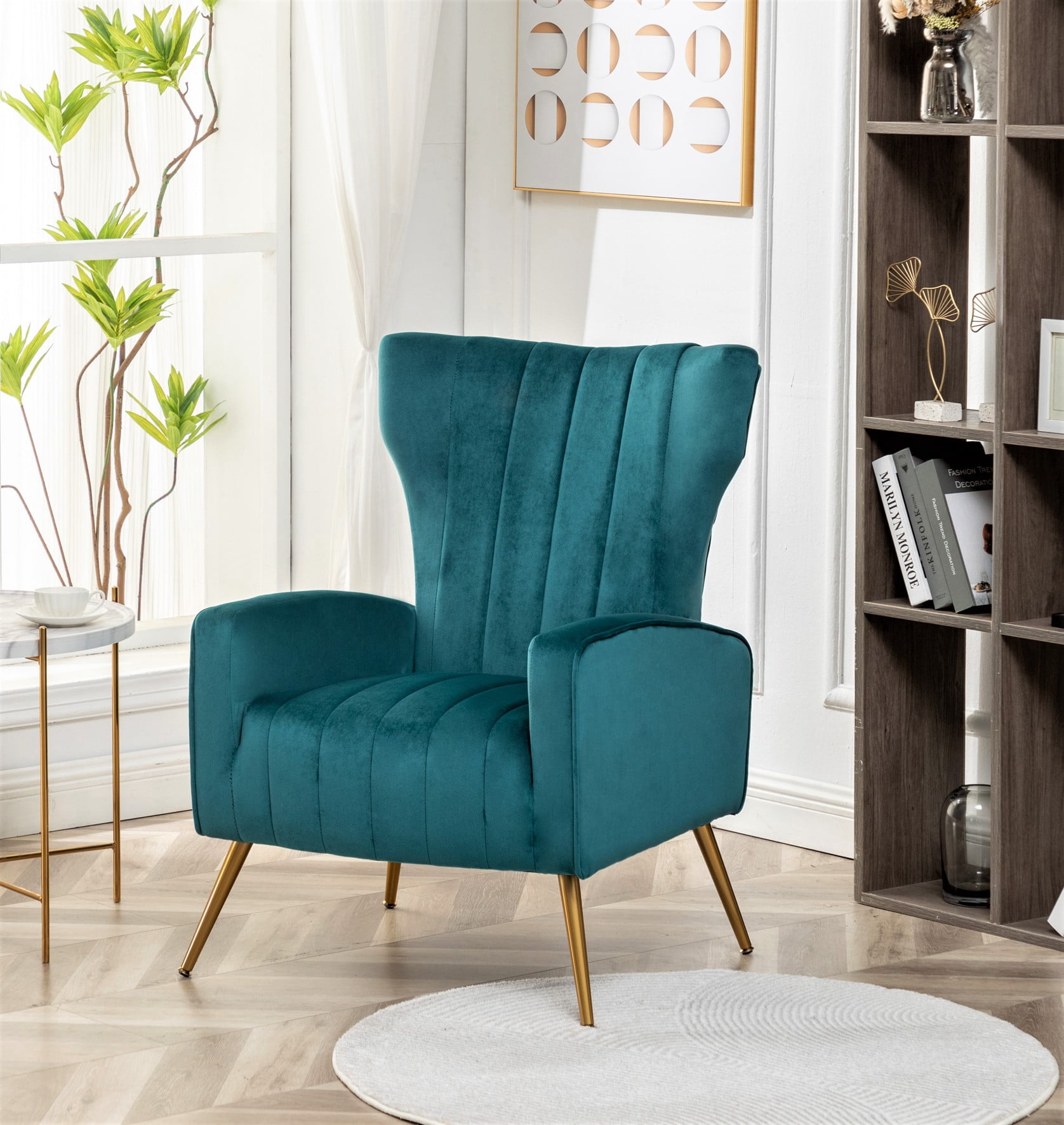 US Pride Furniture Kaleigh 27.56"W Velvet Sofa Chair with Metal Legs, Bluenish Green