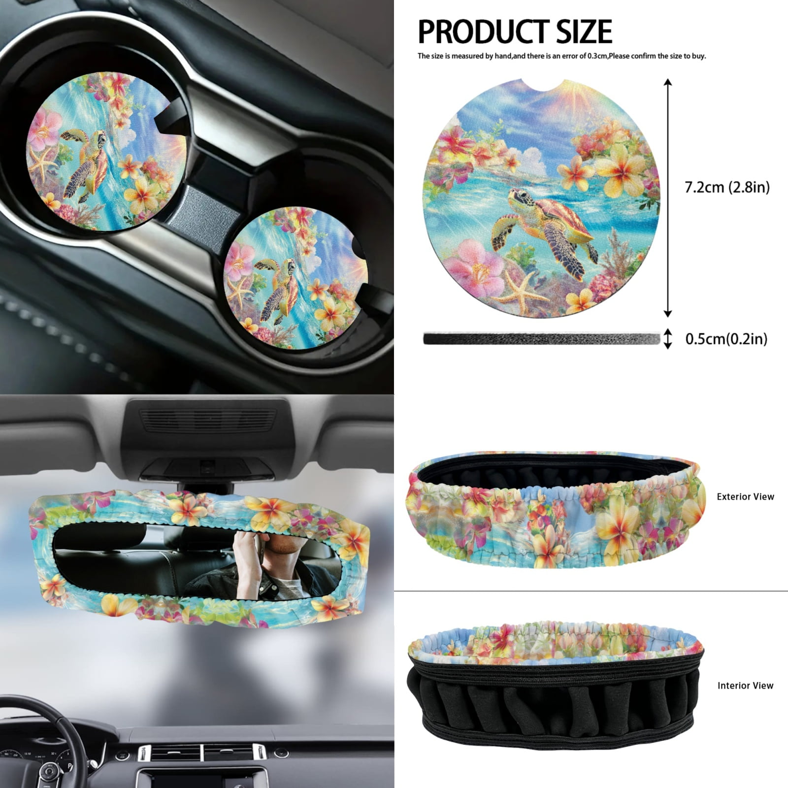 Renewold Sea Turtle Plumeria Starfish Car Front Seat Covers Set 12 Pack, with Steering Wheel Rear View Mirror Cover Seat Belt Pads Armrest Prorector Trash Bin Sunglass Pocket Coasters Key Chain