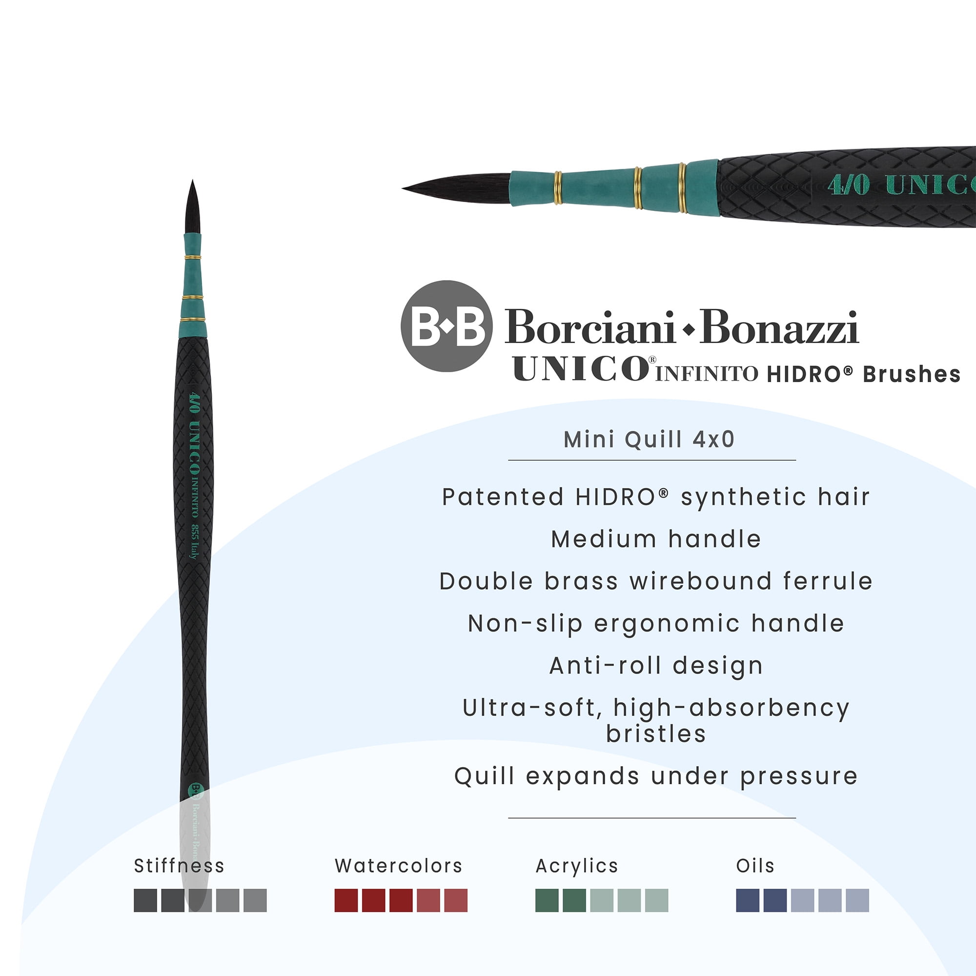 Borciani e Bonazzi Infinito Synthetic Mini Quill Watercolor Brush Series 855 - Size # 2x0, Patented Hidro Hair - Watercolor Art Brushes - Non-Slip, Anti-Roll Handle - Handcrafted in Italy