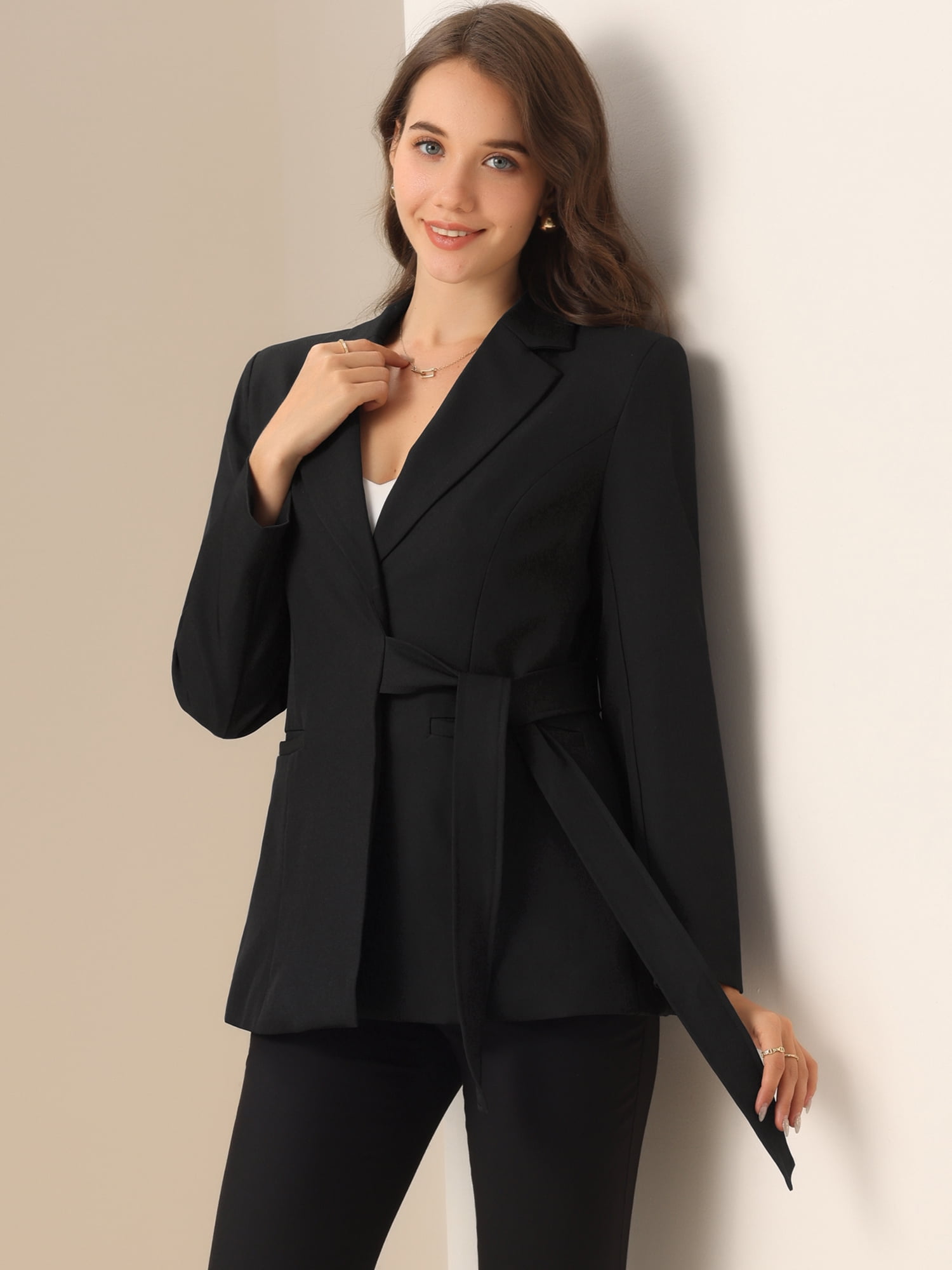 DARING DIVA Women's Belted Lapel Long Sleeve Work Office Wrap Blazer Jacket XL Black