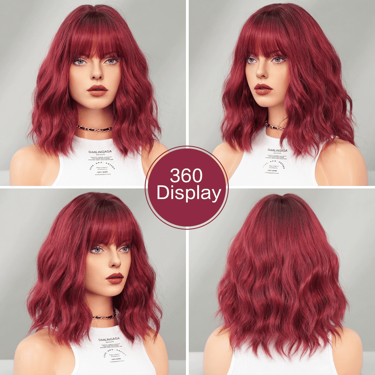 PEAKIN Fashion Wig 14 inch Women Red Short Curly Hair Natural Shaggy Short Bob Full Head with Bangs Wigs