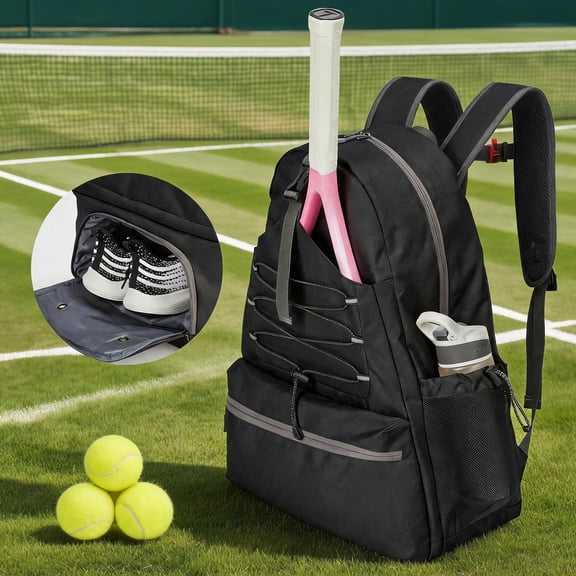 MAROUTE Tennis Backpack for 2 Rackets – Large Capacity Water-Resistant Bag with Ventilated Shoe Compartment – Multiple Pockets, Fence Hook – Ideal for Men & Women – Black, 52x40x23cm