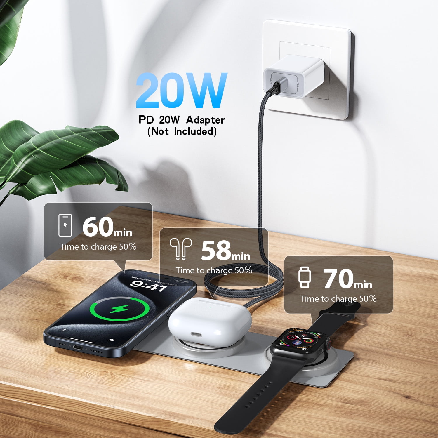 15W Magnetic Wireless Charger Pad,3 in 1 Travel Folded iWatch Wireless Charging Station Mag-Safe Charger Stand AirPods 3 Charging Mat Fast Charging dock Compatible for iWatch AirPods iPhone 17 16 15