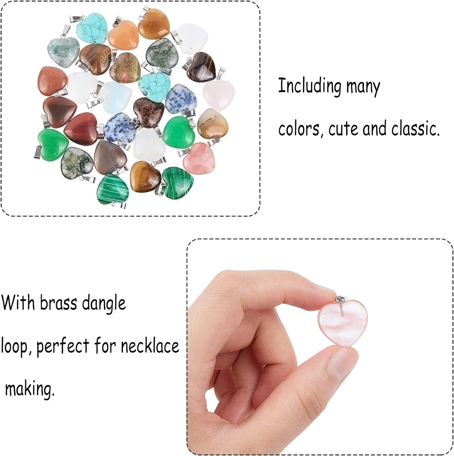 50PCS Heart Beads Pendants Gemstone Stone Charms Healing Stone Beads Pendants for DIY Necklace Jewelry Making-Assorted Color PlatinumDIY