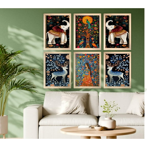 Pichwai Madhubani Art Unframed Canvas Painting for Wall Decoration - Wall Paintings for Living Room, Bedroom,Hall,Kids Room (10x13 Inch) Set of 6