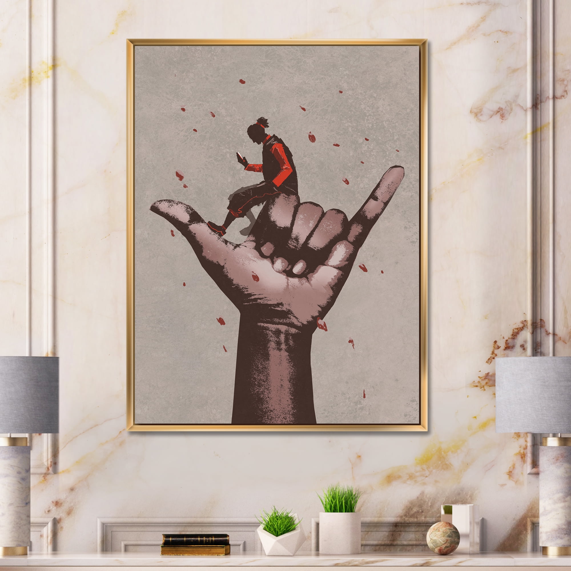 Designart 'Man Using Mobile Phone With Call Me Sign' Modern Framed Canvas Wall Art Print