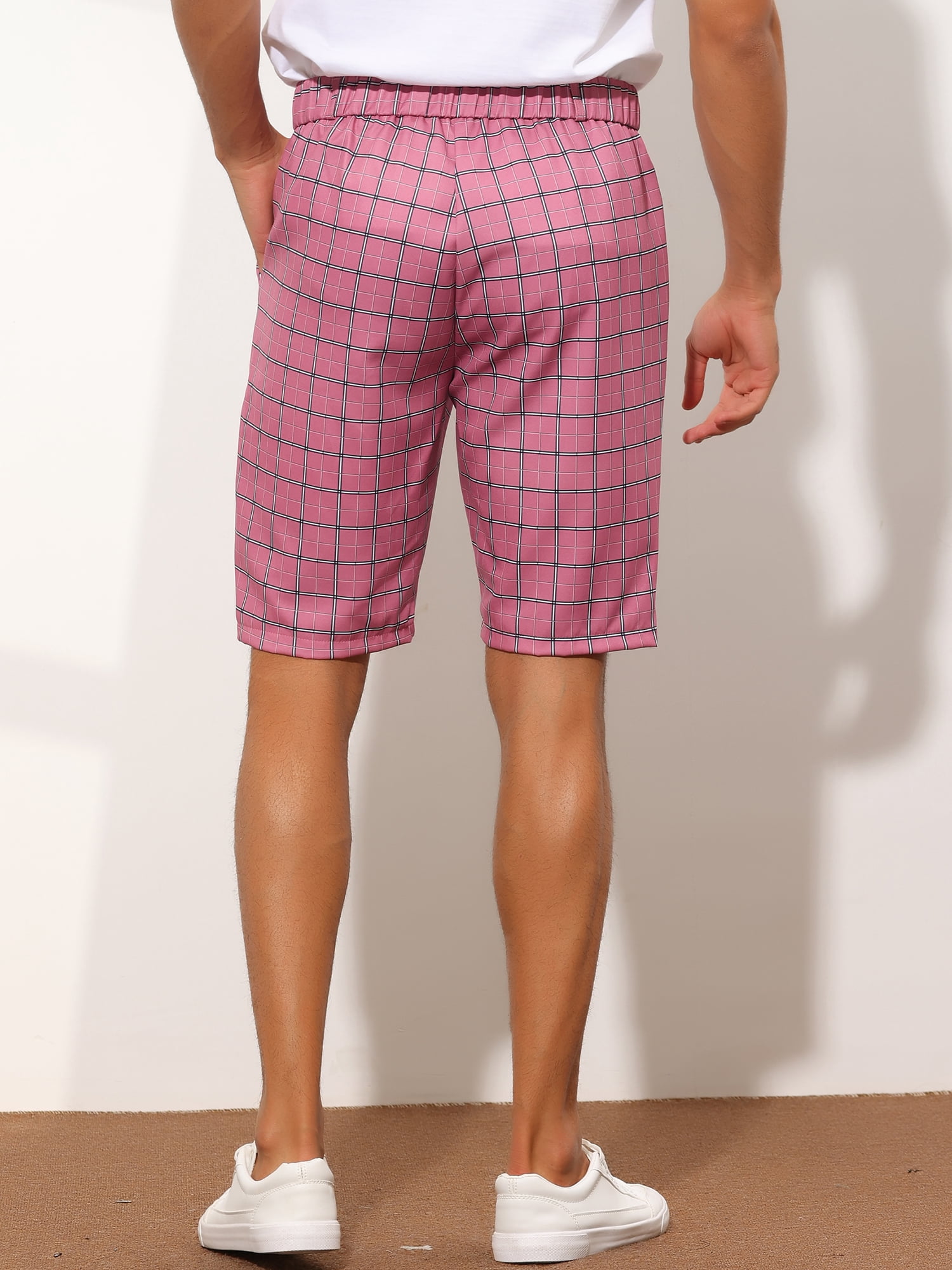 Unique Bargains Men's Plaid Shorts Straight Fit Comfort Flat Front Checked Shorts 32 Pink