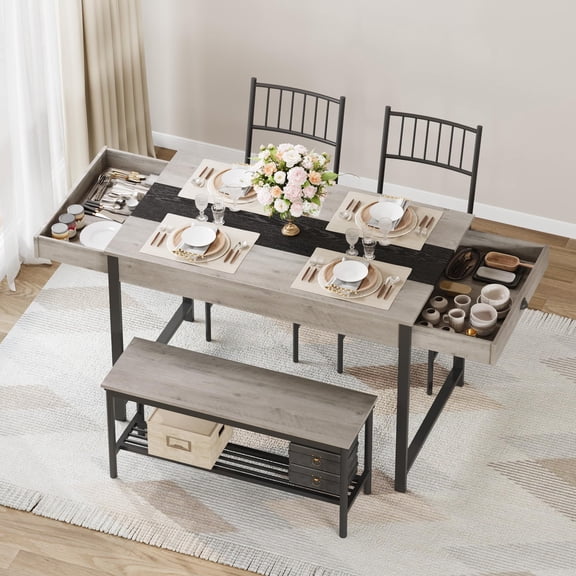 Kicctian Space-Saving Dining Table Set for 4 Rectangular Kitchen Table with Storage Drawers & Rack, Bench and 2 Chairs, Perfect for Dining Room,Grey