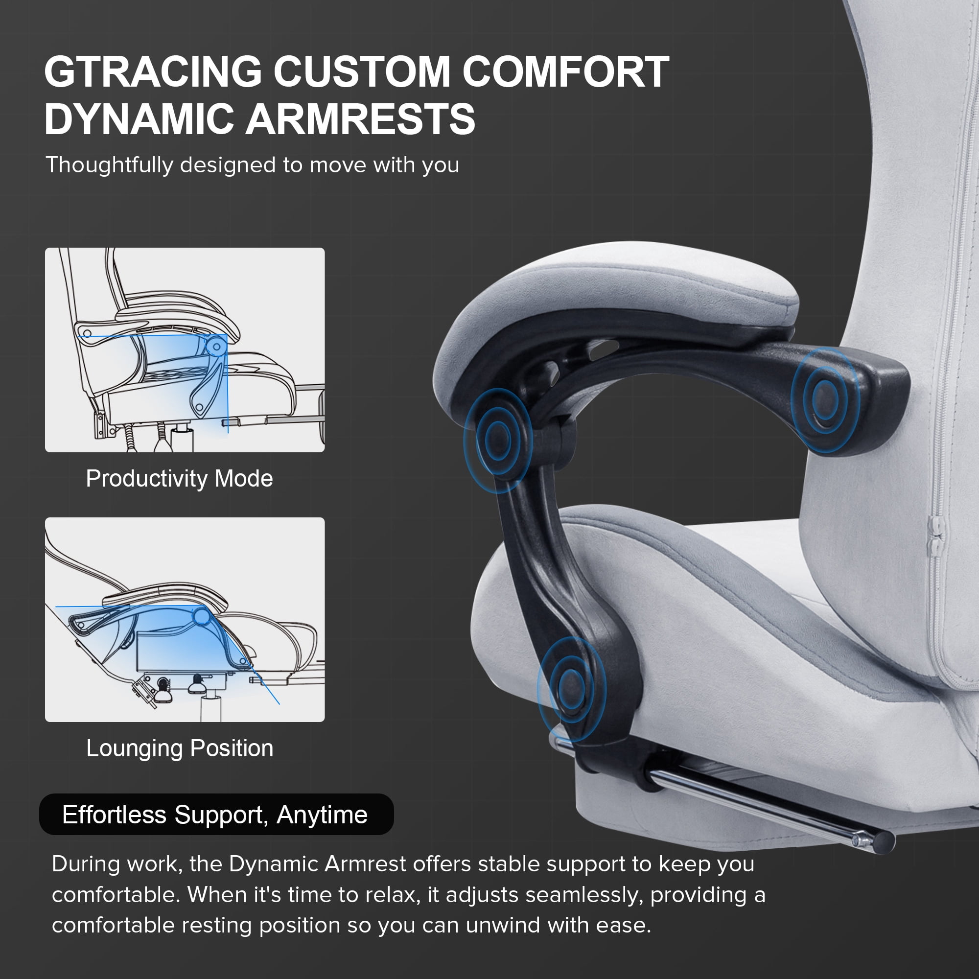GTRACING GTW-300 Ergonomic Adjustable Height Reclining Fabric Gaming Chair , White/Gray