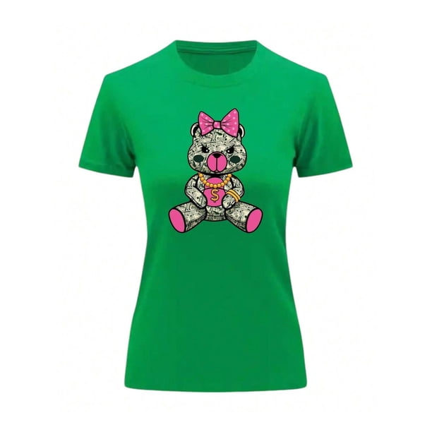 Playera Blusa De Osita Con Dolares Ropa De Mujer Juvenil Oso Dinero Color Verde Talla Mediana Marca Emil SaEs