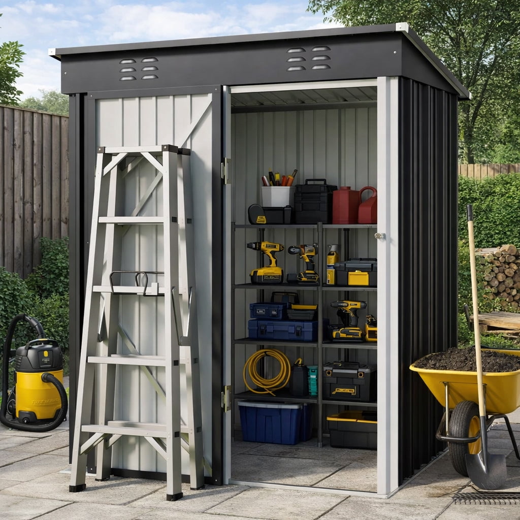 5'x3' Outdoor Storage Shed, Galvanized Metal Shed with Lockable Door & Air Vent, Weather-Resistant Shed for Backyard/Patio/Garden/Lawn, Dark Gray