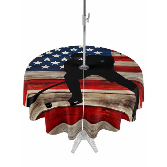 Outdoor Tablecloth with Umbrella Hole and Zipper, American Flag Round Table Cloth 54 Inch Waterproof Tablecloth, Blue Red USA Flag Retro Hockey Picnic Table Cover for Patio Camping