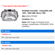 Headlight Assembly - Compatible with 1999 - 2002 GMC Sierra 1500 2000 2001
