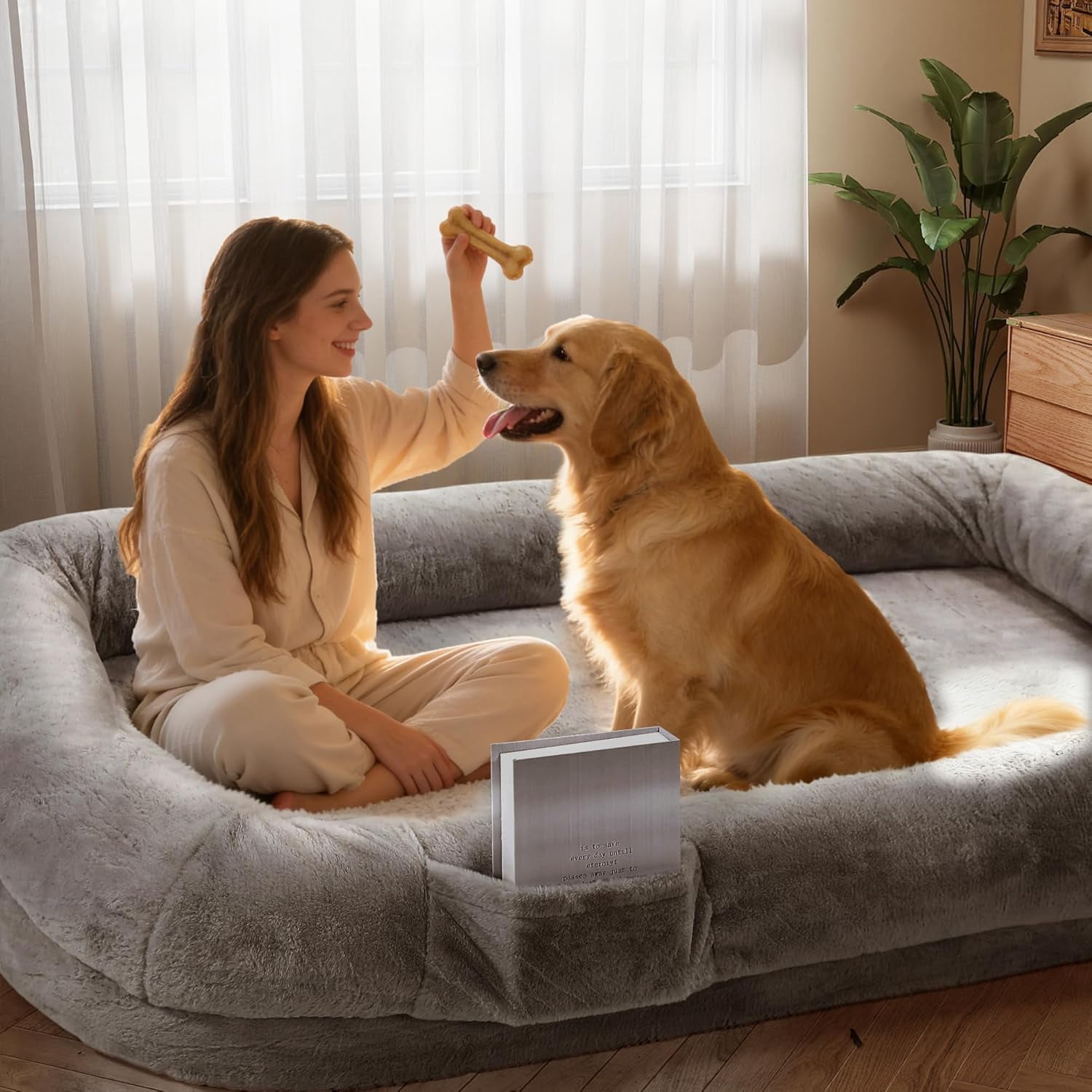 JessieMal Human Dog Bed for Adults, 71"x43"x10" Human Size Dog Bed, Orthopedic, Waterproof Removable Washable Cover, Soft Calming Lounger for People & Pets, Light Grey