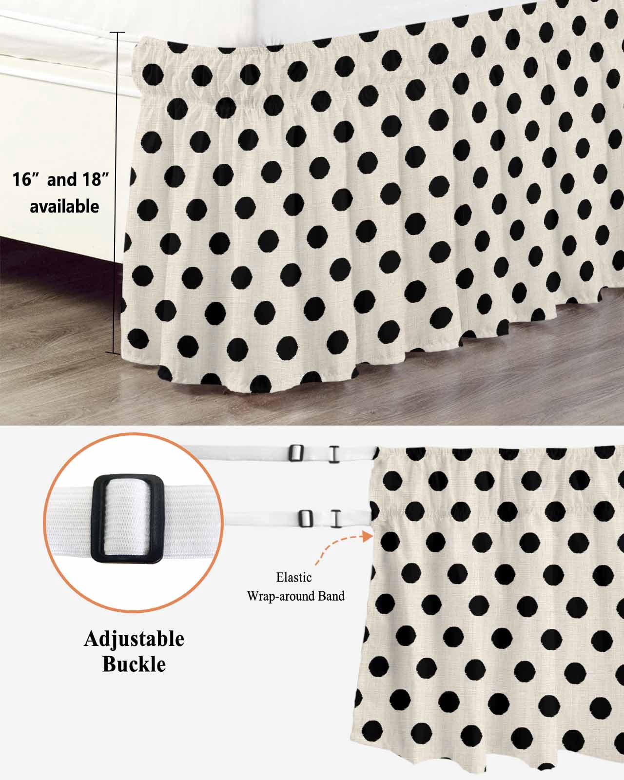 Wave Point Black Wrap Around Bed Skirts for Queen Bed 18" Drop,Bed Skirt with Adjustable Elastic Belt Dust Ruffle Bed Valance for Bedroom Hotel Modern Minimalist Geometric on Linen Bed Frame Cover