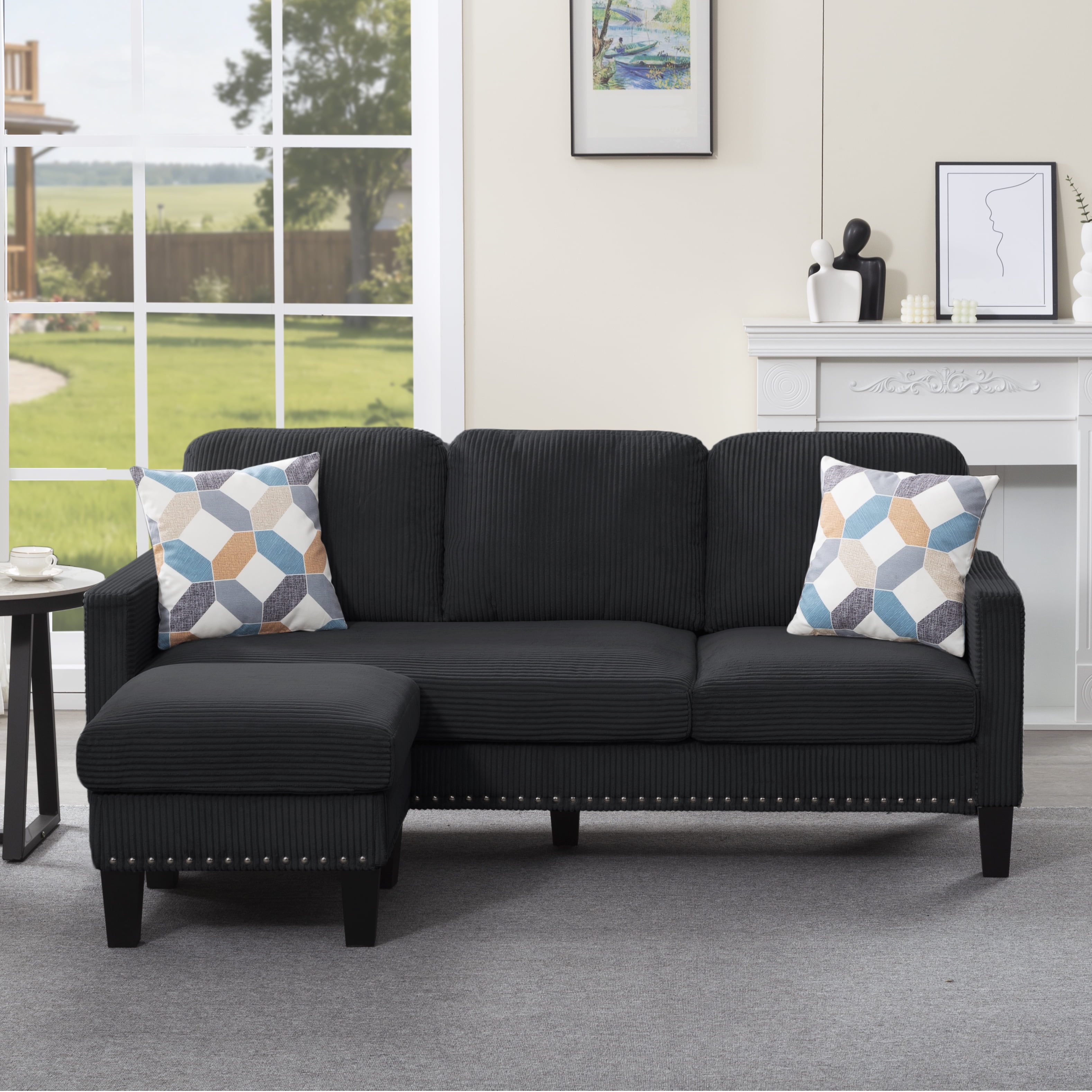 Gewnee 72.64"L-Shaped Sectional Sofa with Movable Ottoman,3-Seater Modern Reversible Chaise,Storage Pocket&Pillows,for Living Room,Office.Black