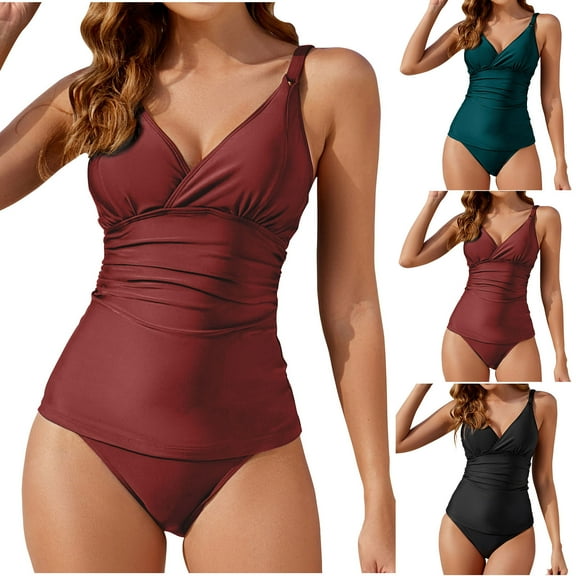UTSJKR Womens Bathing Suits Solid Color V-Neck Tummy Control High Waisted Bikinis Sets Casual Vacation Summer Swimsuits Wine XL