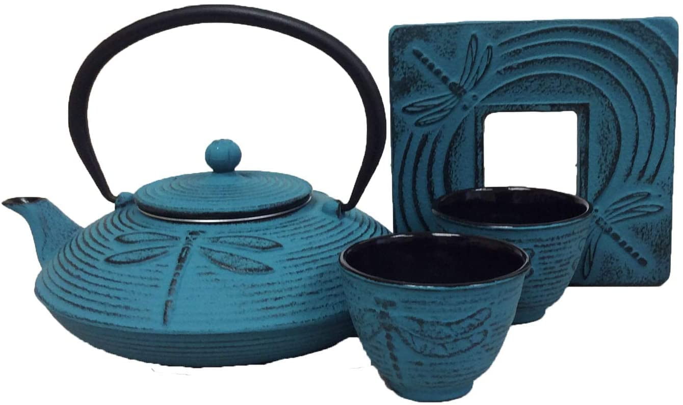 CUISILAND LIGHTBLUE 27oz Dragonfly Cast Iron Teapot Set with 2 Cups