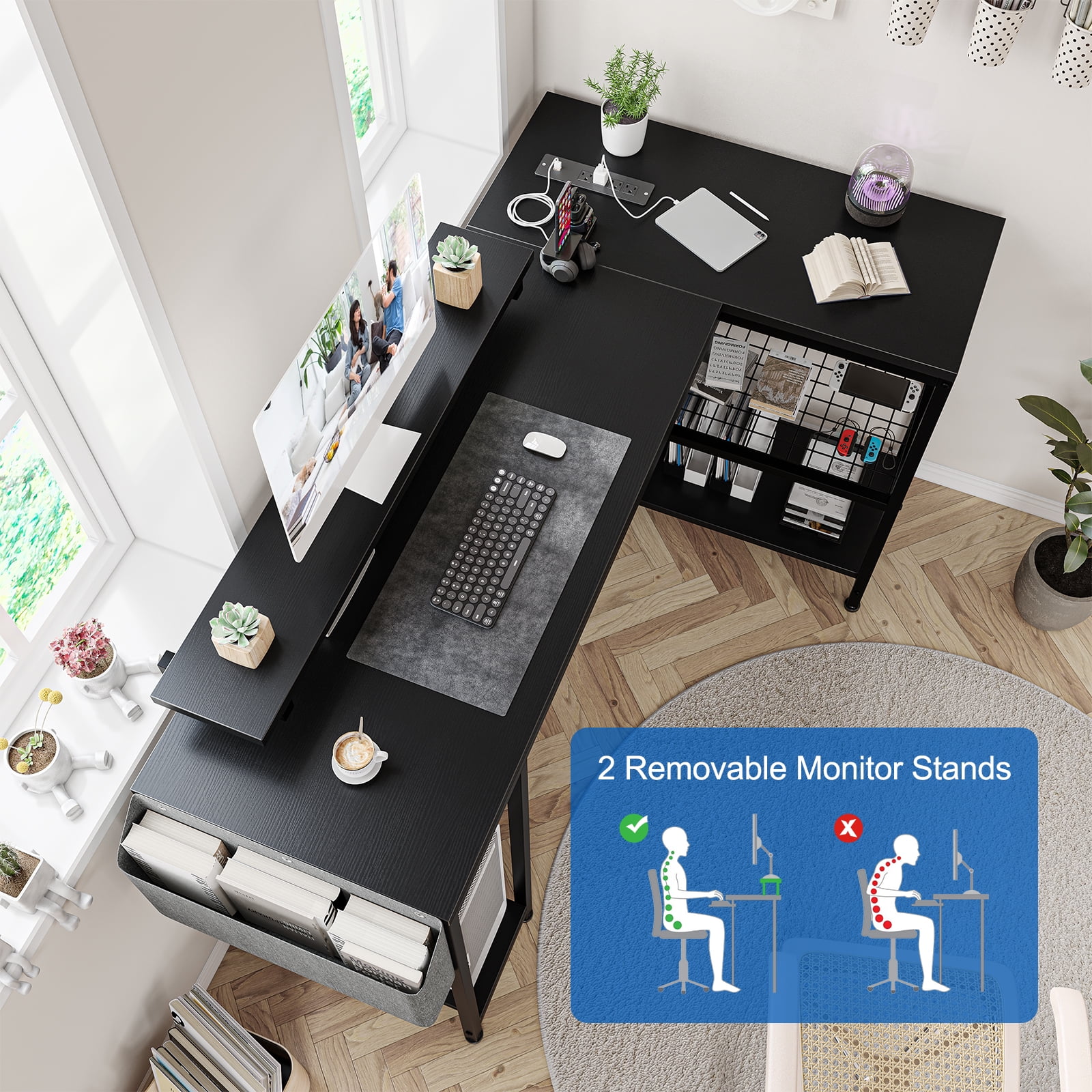 L Shaped Desk, Computer Gaming Desk with Power Outlet & Led Light, Reversible Corner Desk with Monitor Stand & Storage Shelves, Storage Bag for Home Office