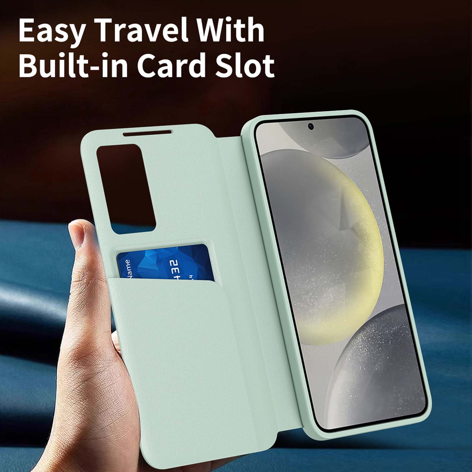 for Samsung Galaxy S26 Plus Smart Wallet Phone Case, Protective Cover with Smart Small Screen View, Finger Tap Control, Slim Design, Card Holder Pocket, PU Leather Flip Cover, Green