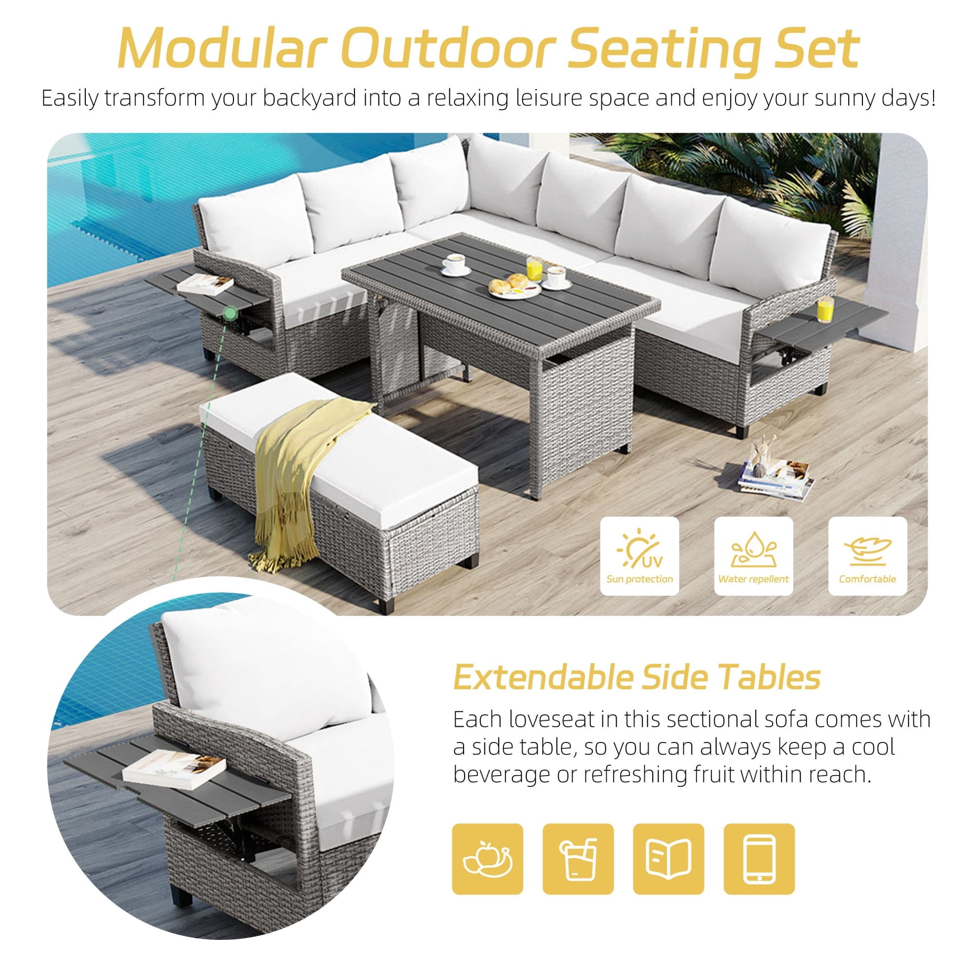 Sailvan 5-Piece Outdoor Patio Rattan Sofa Set - Sectional PE Wicker L-Shaped Garden Furniture with Dining Table & 2 Extendable Side Tables White