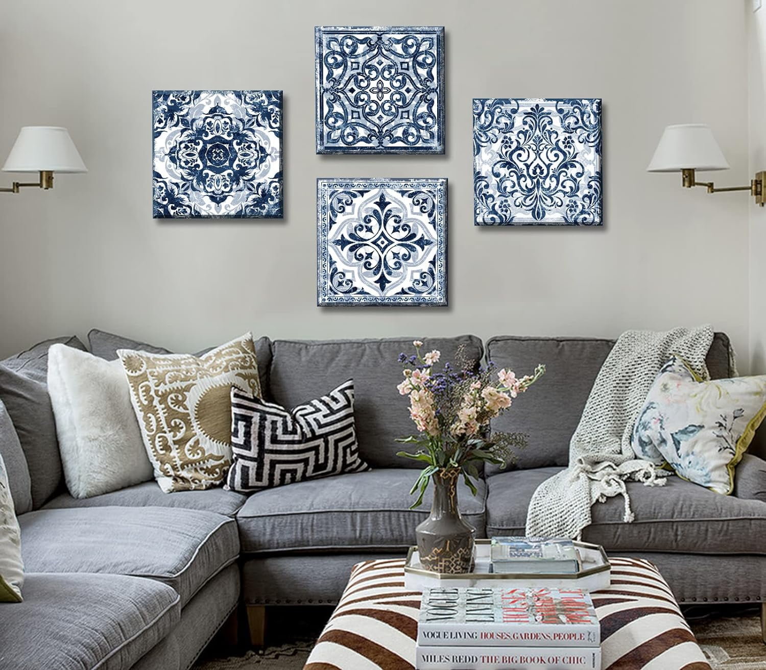 Bathroom Wall Decor Navy Blue Flower Paintings Canvas Prints Decoration Vintage Wall Art for Bedroom Framed Ready to Hang 12" Wx12 Hx4 pcs
