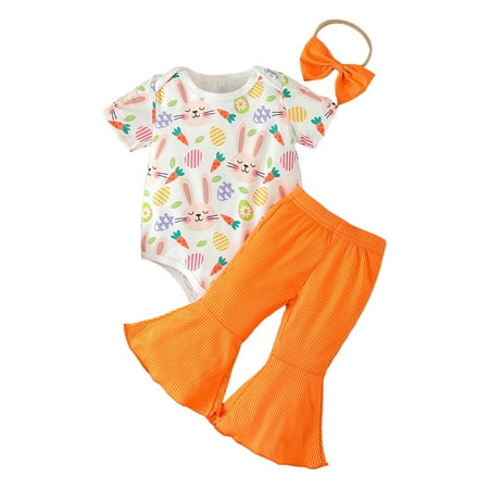 

PMVFHDE Baby Outfits with Headbands Girls Short Sleeve Easter Rabbit Prints Romper Bodysuit Bottoms Pants Outfits Red 3-6 Months