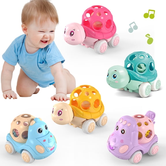 Baby Car Toys for 6 to 12 Months, 5 Pcs Soft Rubber Push and Go Trucks for Infant, Toddler Rattle Roll Mini Car Friction Powered Truck Toy,1st Birthday Gift for 1 2 3 Years Old Boys Girls