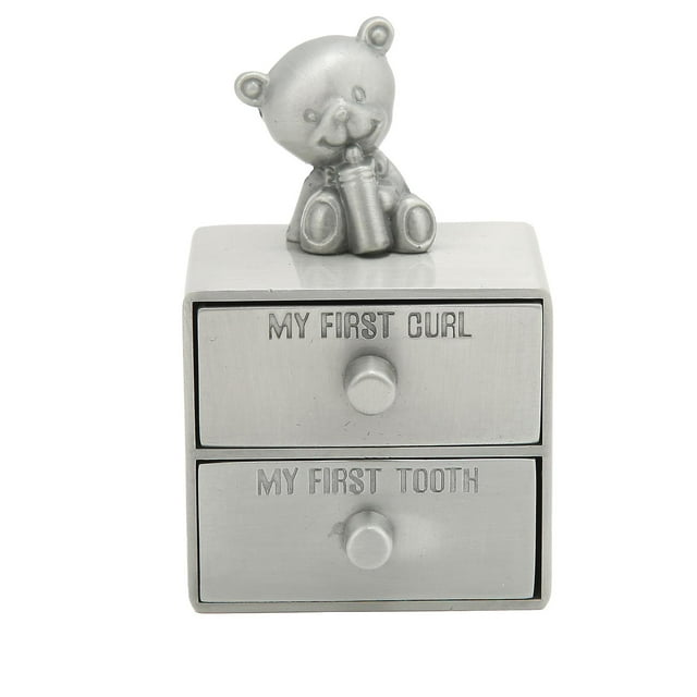 Bear Shape Metal Tooth Box Storage Case with 2 Drawers for Kids Growth Memorial Gift Jewelry Collection (Antique Tin)