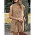 thumbnail image 3 of Women'S Summer 2 Piece Outfits Sleeveless Matching Sets Button Down V Neck Vest Waistcoat and Pockets Shorts Khaki L, 3 of 8