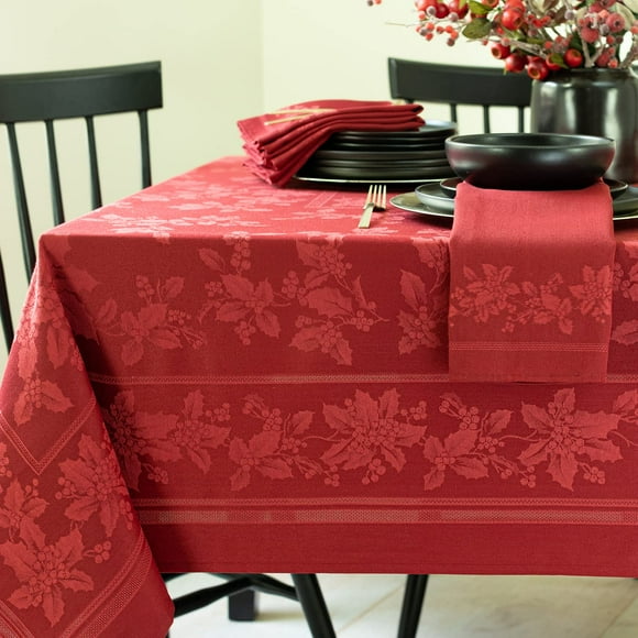 Benson Mills Holiday Elegance Heavyweight Engineered Jacquard Fabric Tablecloth for Christmas, Holiday, and Winter (Dark Red, 60" X 84" Rectangular)