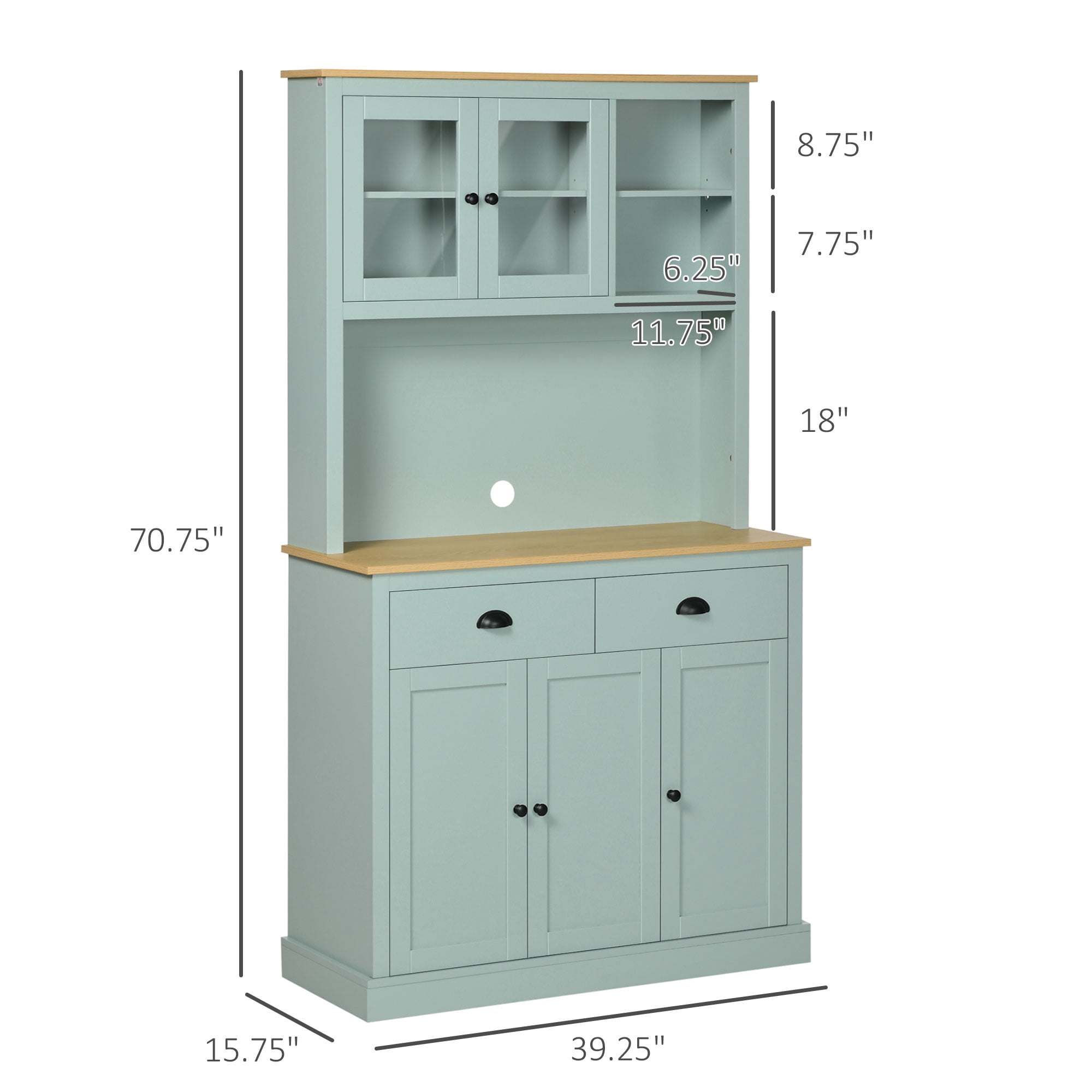 HOMCOM 71" Freestanding Pantry, Kitchen Buffet with Hutch, Modern Storage Cabinet with Drawers, Glass Doors, and Adjustable Shelves, Light Green