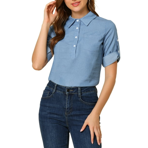 INSPIRE CHIC Blusa de media abertura con cuello tipo polo, bolsillo en el pecho y mangas enrolladas para mujer, talla XS, color azul