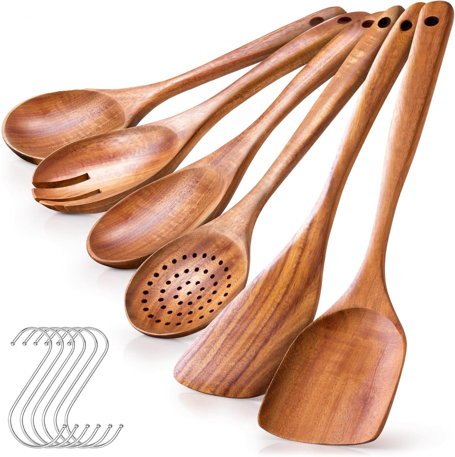 Kisportee Wooden Spoons for Cooking, Non-Stick Teak Wooden Cooking Utensils Set with Hooks, Wooden Kitchen Utensils for Everyday Baking,Cooking