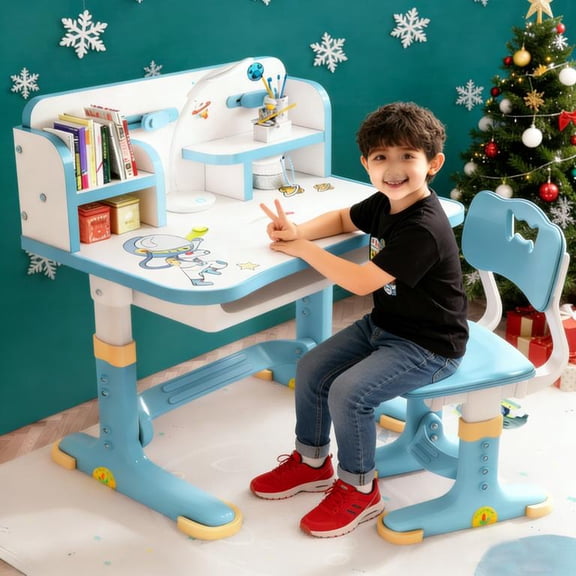 YNCE Kids Desk Functional & Adjustable Chair Set, Height Adjustable Children School Study Table Chair Set with Cartoon Pattern, Storage, Drawers, Bookshelf, Kids Desk Table