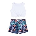 thumbnail image 4 of iiniim Kids 2 Pieces Sports Short Set Girls Sleeveless Knot Crop Top with Bottoms Ballet Yoga Bodysuit Blue Floral 4, 4 of 7
