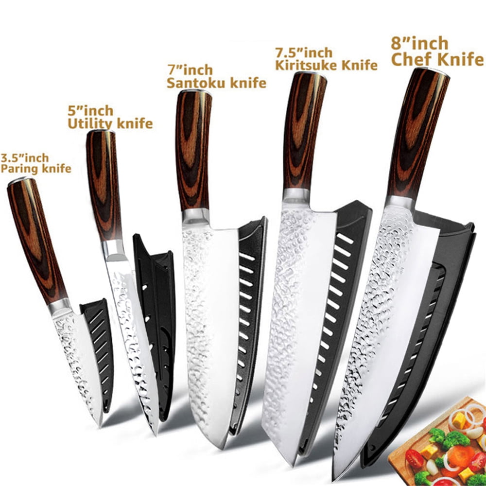 5-Piece Japanese Santoku Kitchen Knife Set, High Carbon Stainless Steel Ultra Sharp Cooking Knives with Protective Covers for Cutting Chopping Slicing