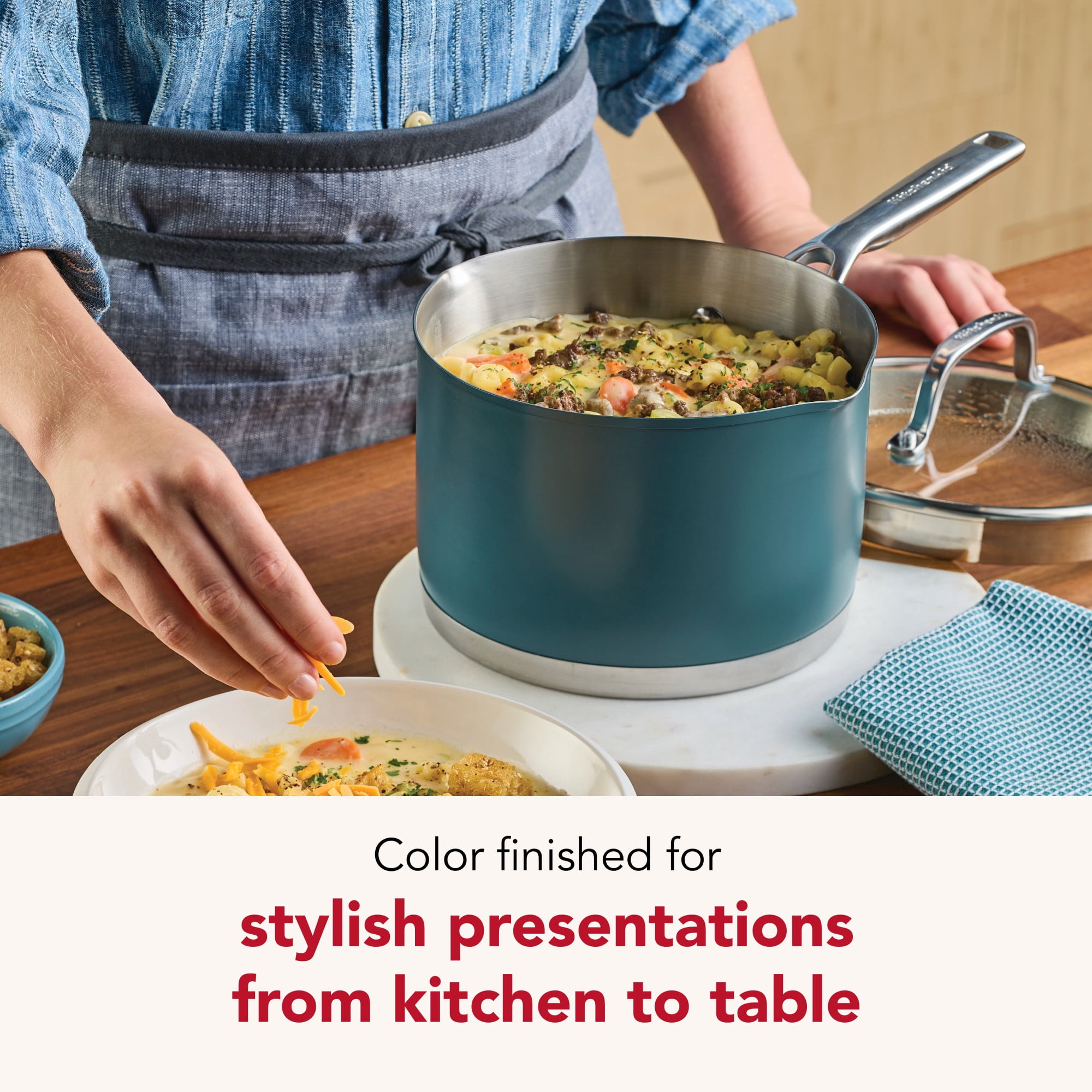 KitchenAid 11pc Color-Finished Stainless Steel 3-Ply Base Cookware Set Dishwasher and Metal Utensil Safe, Induction Suitable and Oven Safe to 500°F, Agave