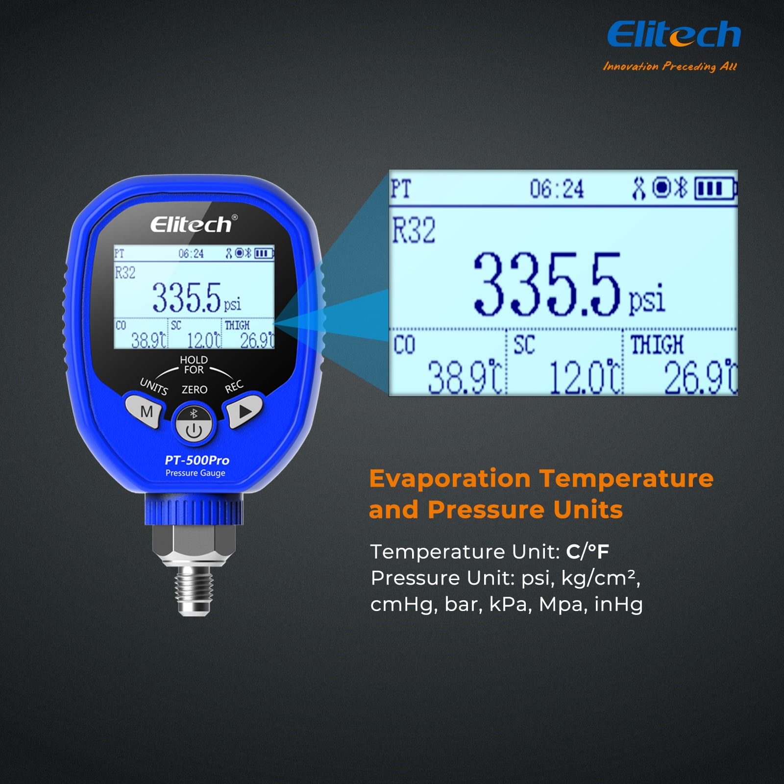 Elitech PT-500Pro Digital Pressure Gauge – HVAC Refrigeration Manifold Gauge with Bluetooth, Temperature Measurement, and Data Logging