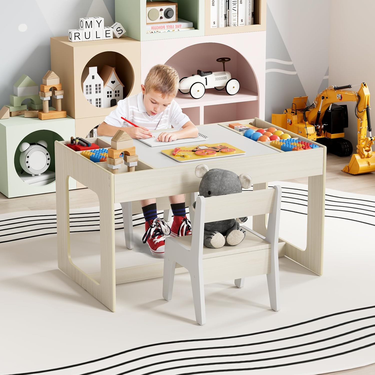LAZY BUDDY Toddler Table and Chairs Set, Wooden Kids Activity Desk Set with Storage, 2 in 1 Whiteboard & Blackboard for Children's Drawing, Playing, Arts & Crafts