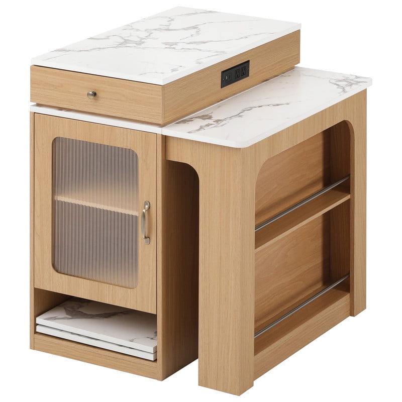 Bellemave 60" Kitchen Island with Extendable Dining Table and Power Outlet, Mobile Kitchen Storage Islands with 2 Storage Drawers, Rolling Islands Cart with Extra Rows Open Shelves（Natural)