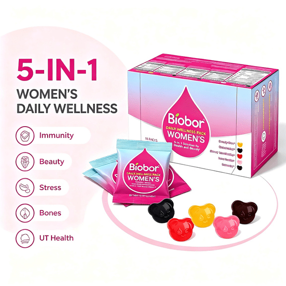 Biobor Women's Daily Nutrition Gummy Pack, 5 in 1 Multivitamin Wellness for Bones/Immunity Support/Stress Relief/Beaty Glow