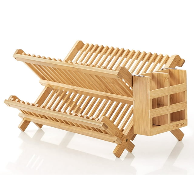 Escurridor de platos HBlife de bambú plegable de 2 niveles con porta cubiertos