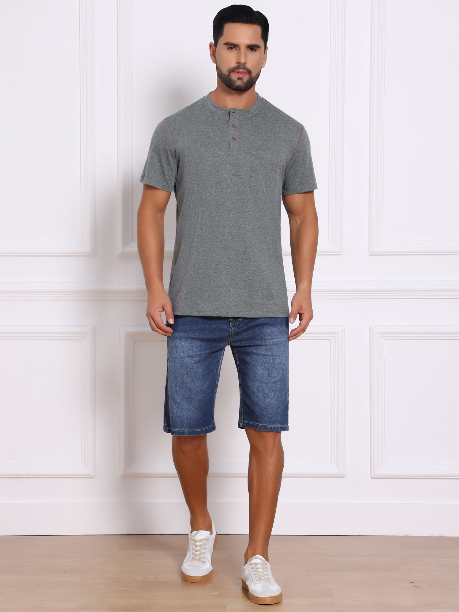 DARING DIVA Men's Henley Crew Neck Short Sleeve Button Down T-Shirt S Gray