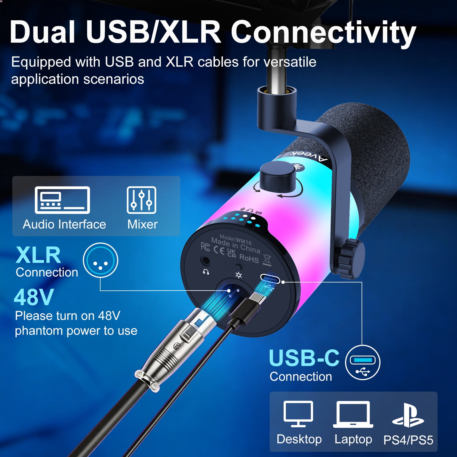 Aveek RGB USB Gaming Microphone Set with Adjustable Boom Arm, Dynamic Podcast Mic with Mute Gain Control & Headphone Jack for Streaming Recording