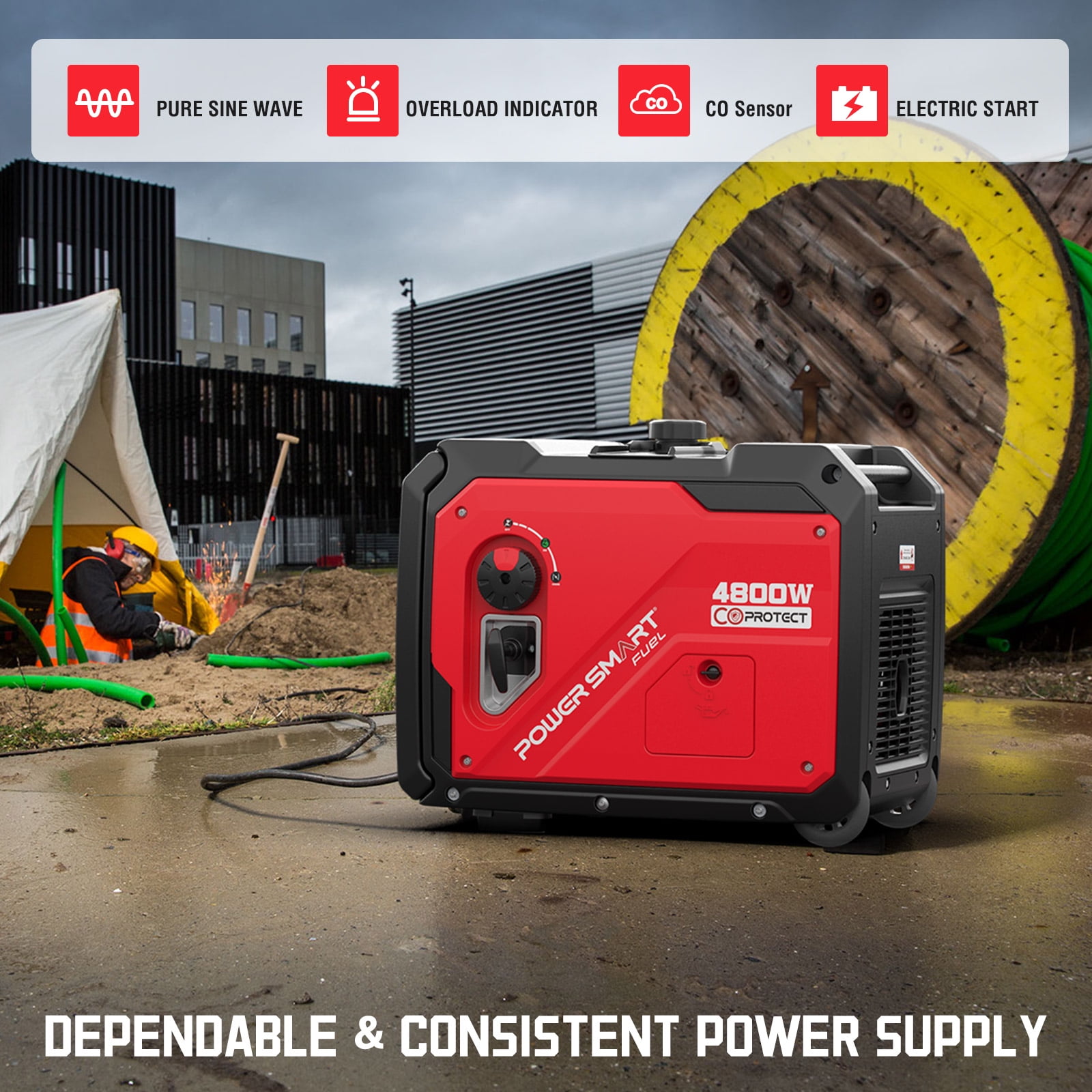 PowerSmart Equipment 4800W Gas Powered Inverter Generator Gas Powered with Wheels,CO Sensor for Outdoor